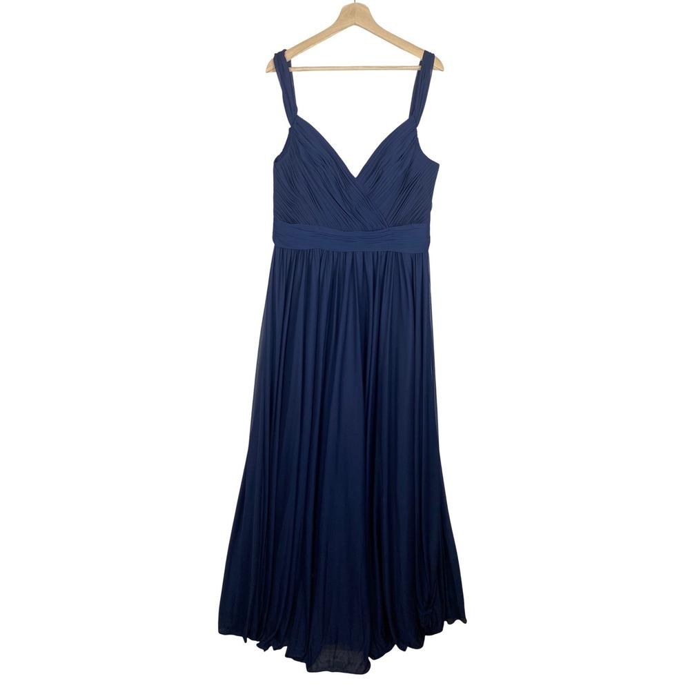 Kleinfeld Indigo Blue Pleated V-Neck Maxi Dress Formal Gown Bridesmaid Womens 16